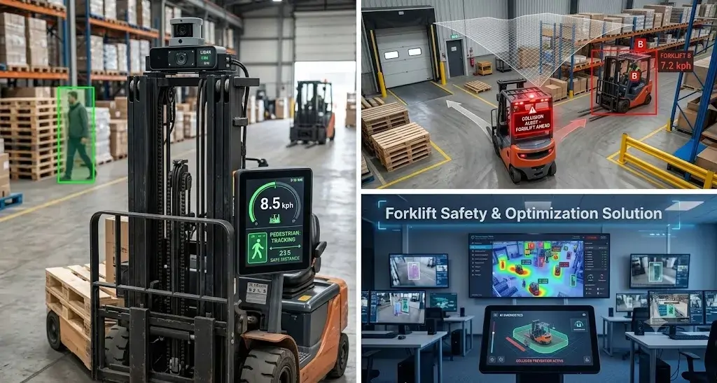 3Dビューを備えたフォークリフト向け安全・衝突回避システムのインターフェース